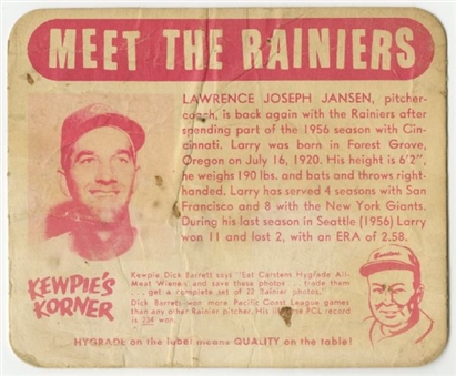 1957 Hygrade Meats Seattle Rainiers Larry Jansen